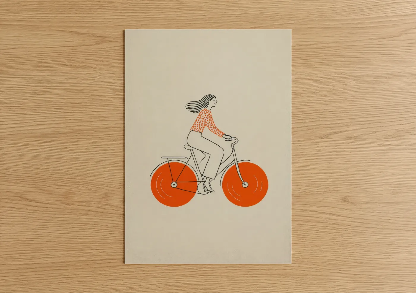Art print on warm oak wood — orange and beige palette — Woman Cycling Orange Bicycle Wall Art poster