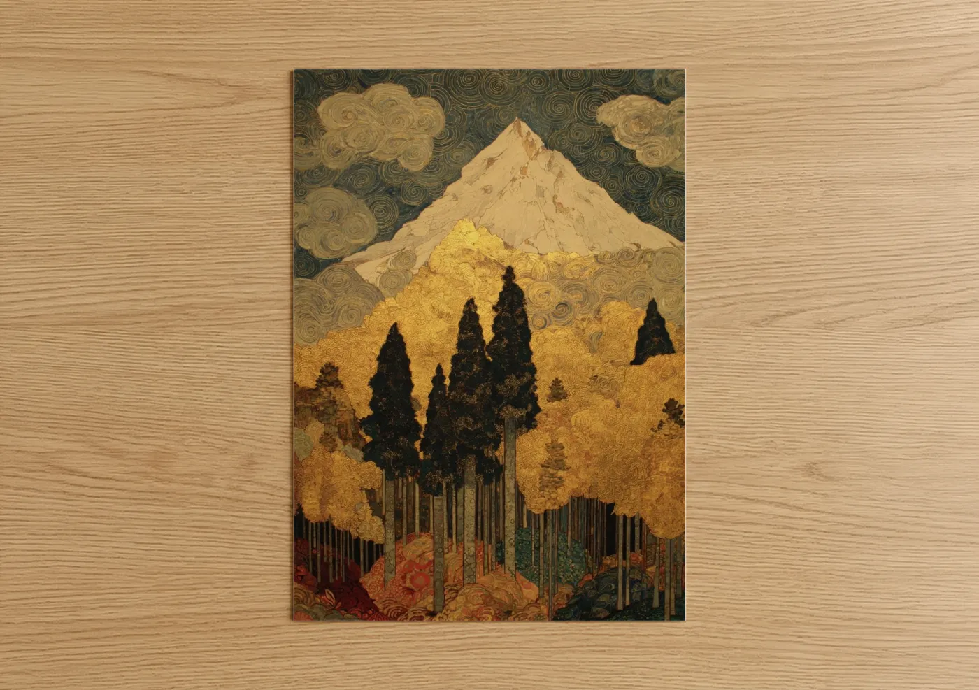 Mount everest art print on warm oak wood — gold and black palette — Golden Summit poster