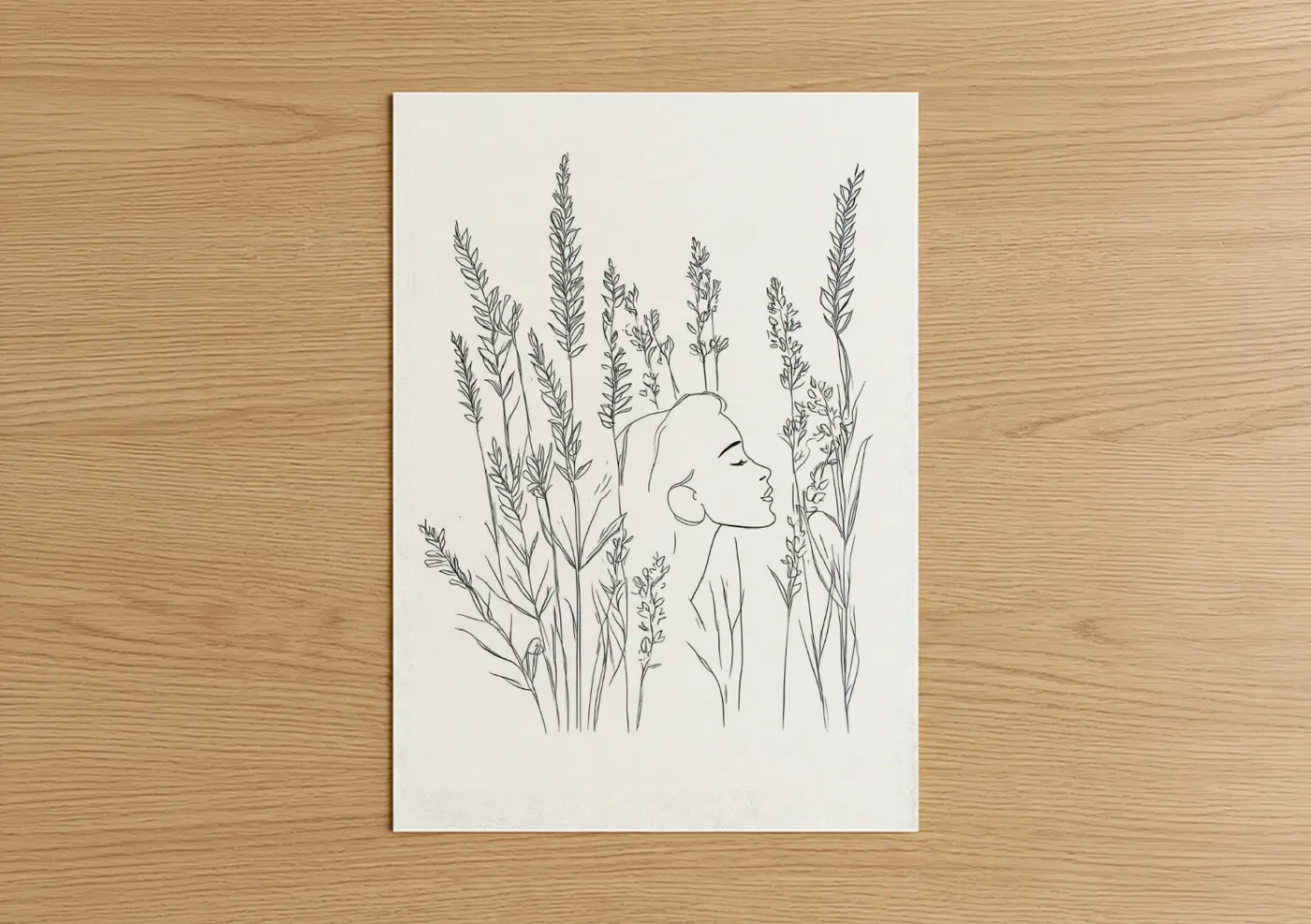 Art print on warm oak wood — black and white palette — Grain Field Profile poster