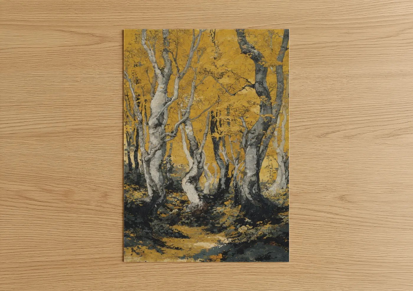Forest trees art print on warm oak wood — yellow gold and gray palette — Golden Birch Forest poster