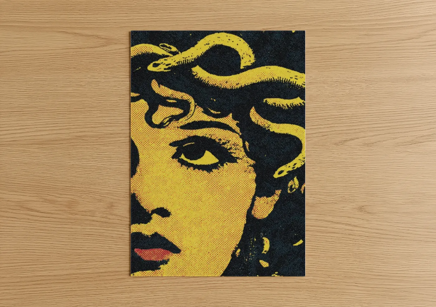 Art print on warm oak wood — yellow gold and black and yellow palette — Golden Medusa poster