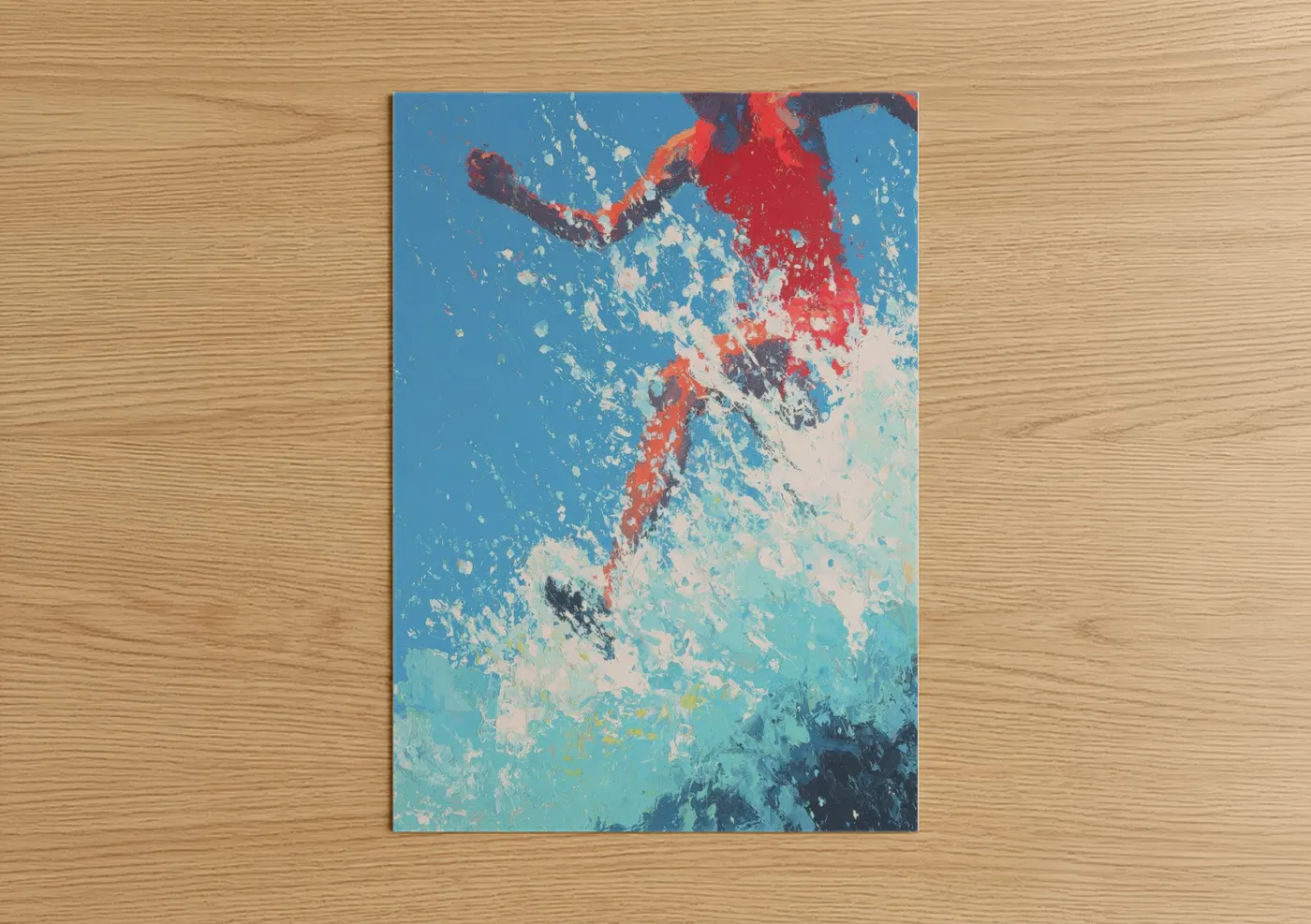 Track and field art print on warm oak wood — blue and red palette — Dynamic Athlete Sprint poster