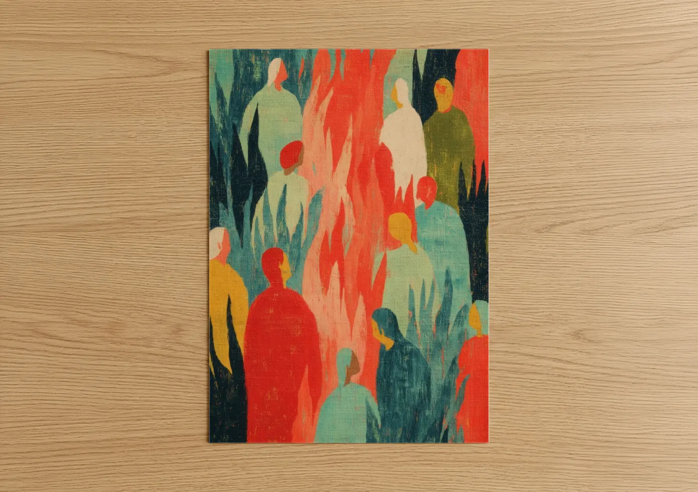 Art print on warm oak wood — red and teal palette — Pentecost Fire poster