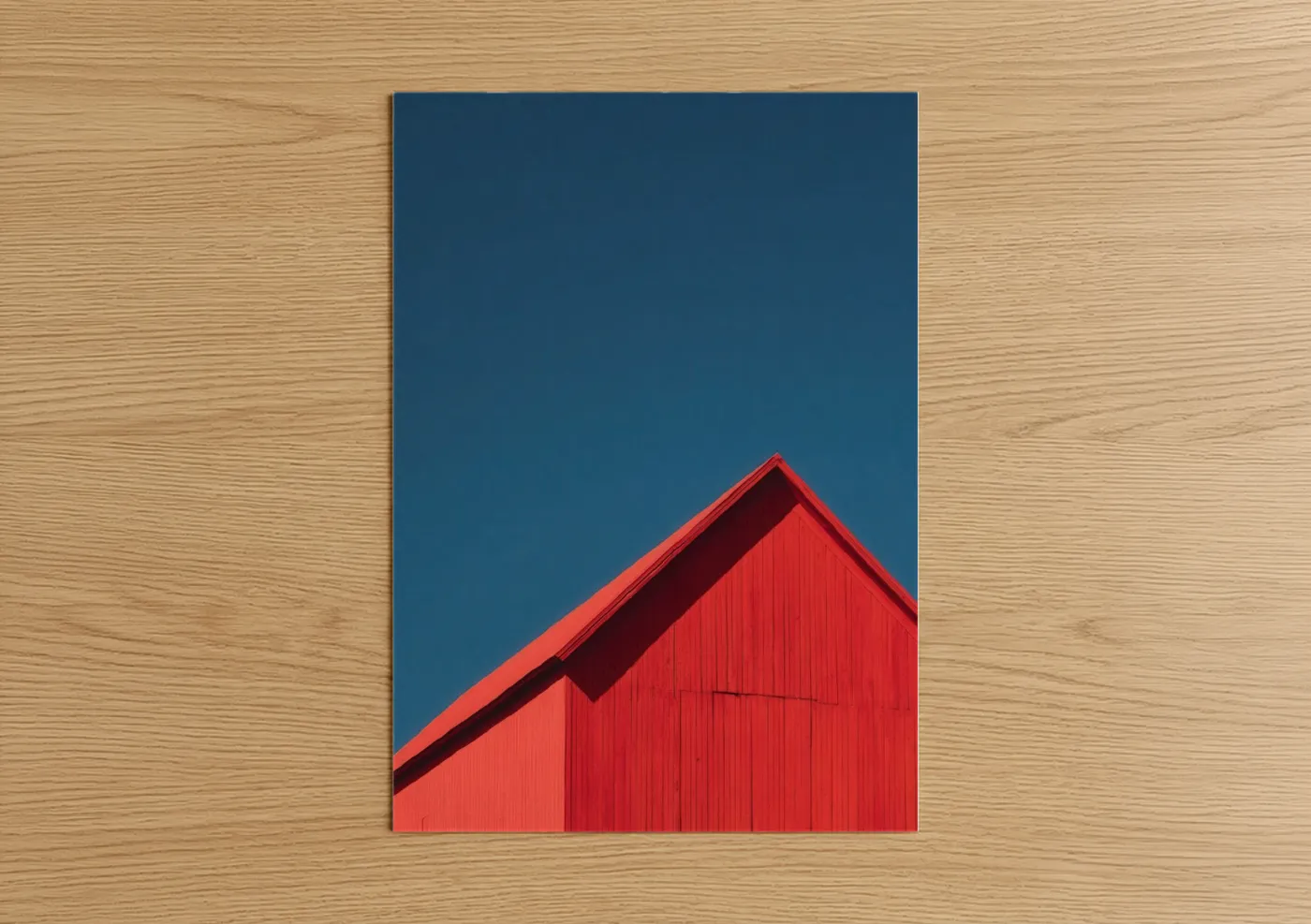 Art print on warm oak wood — red and dark blue palette — Crimson Barn poster