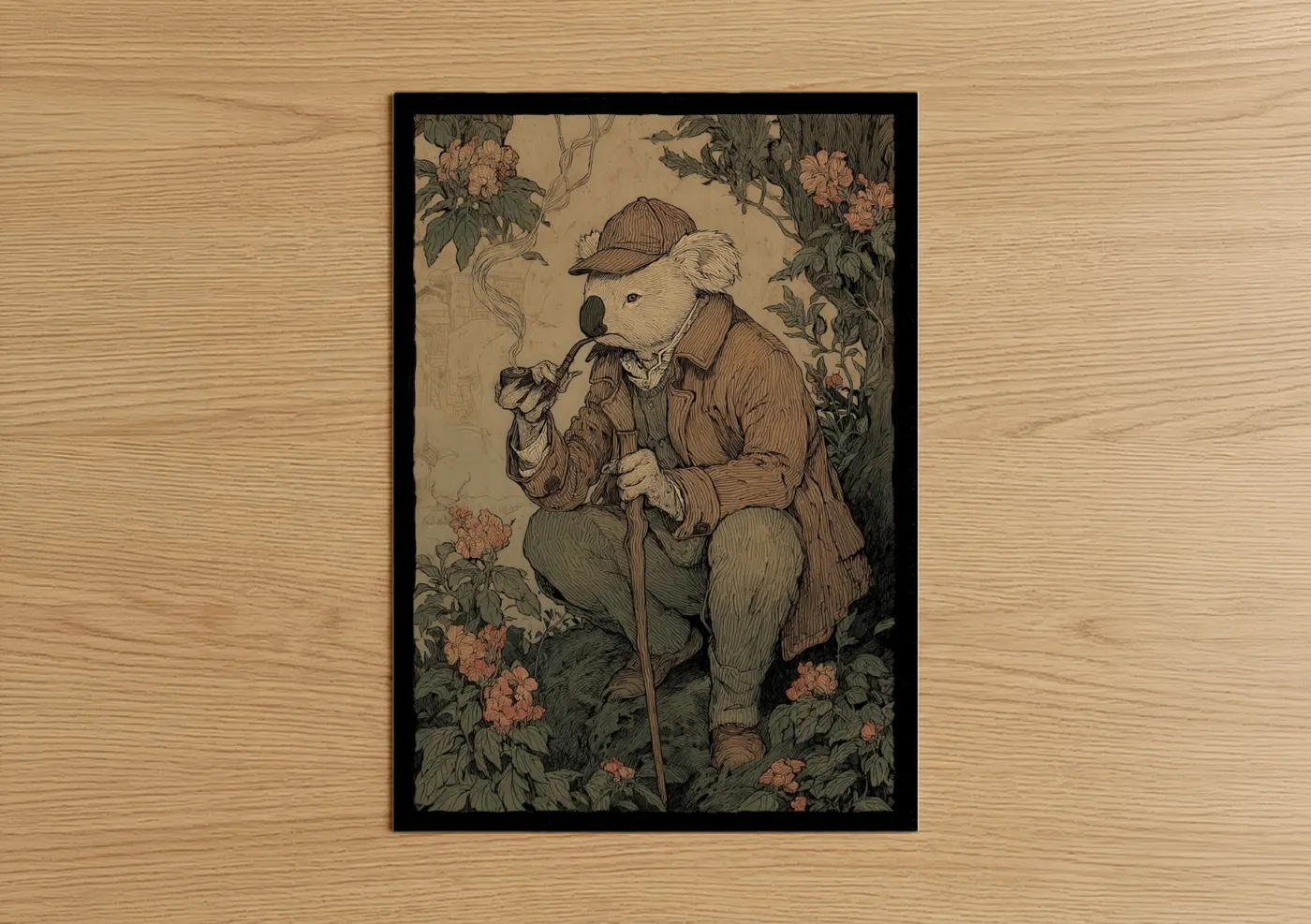 Vintage Koala Gardening Illustration Wall Art