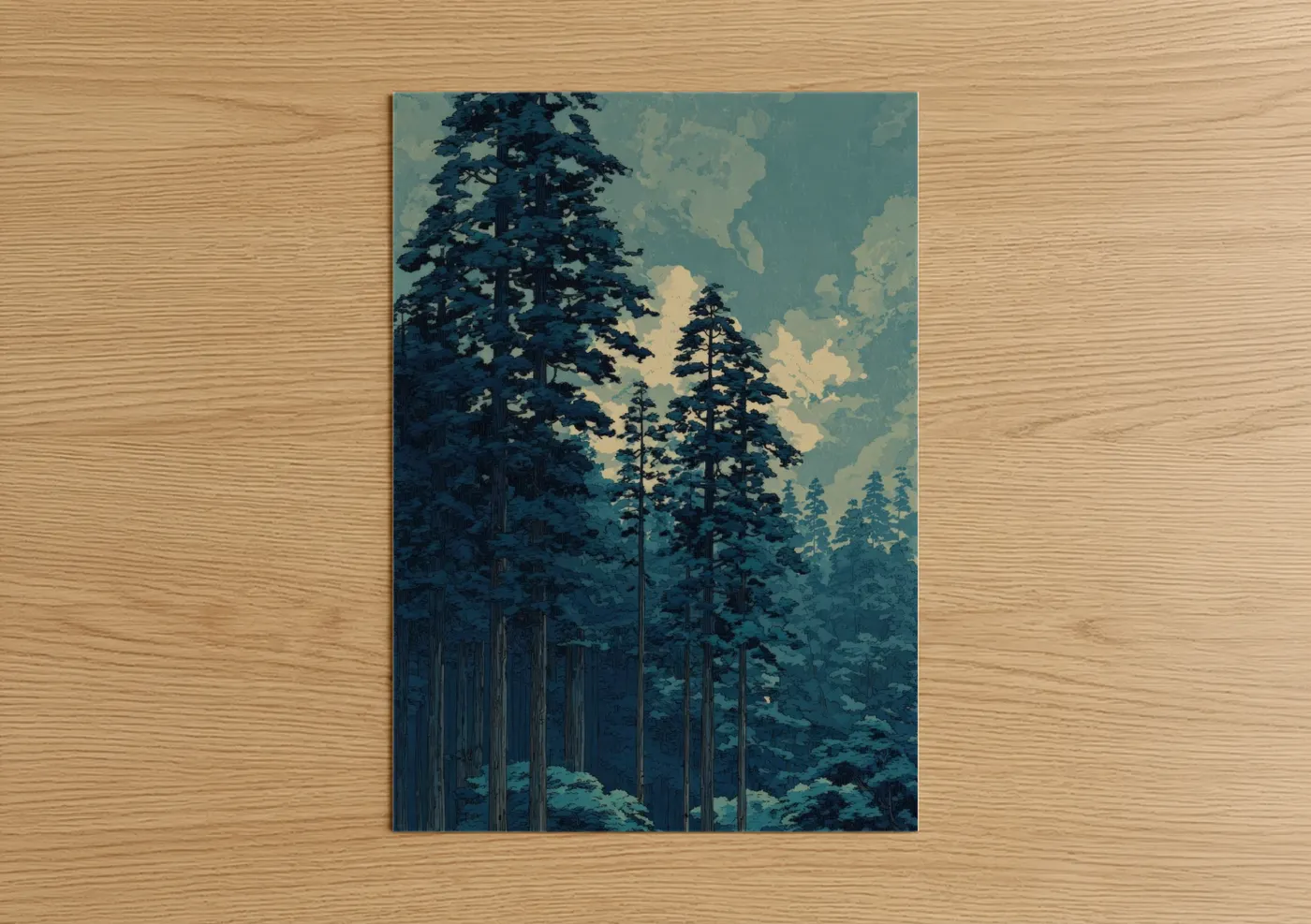 Forest trees art print on warm oak wood — blue and cream palette — Misty Forest Pines poster