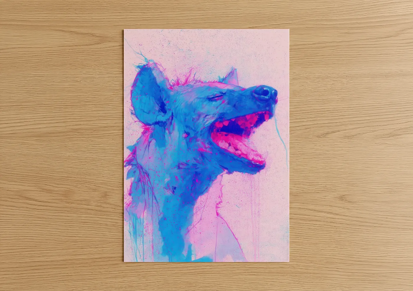 Art print on warm oak wood — blue and magenta palette — Neon Hyena poster