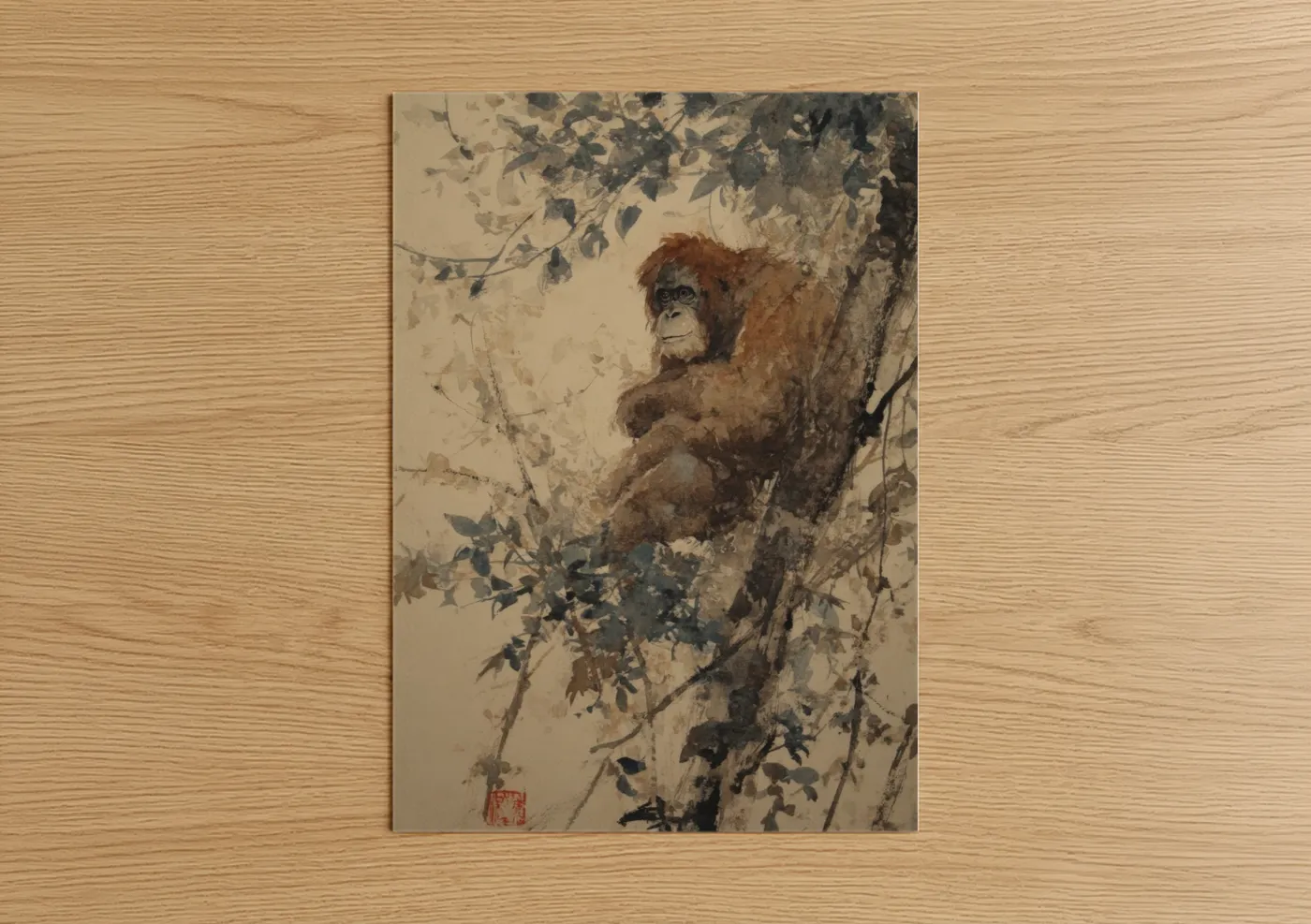 Art print on warm oak wood — beige and brown palette — Contemplative Orangutan poster