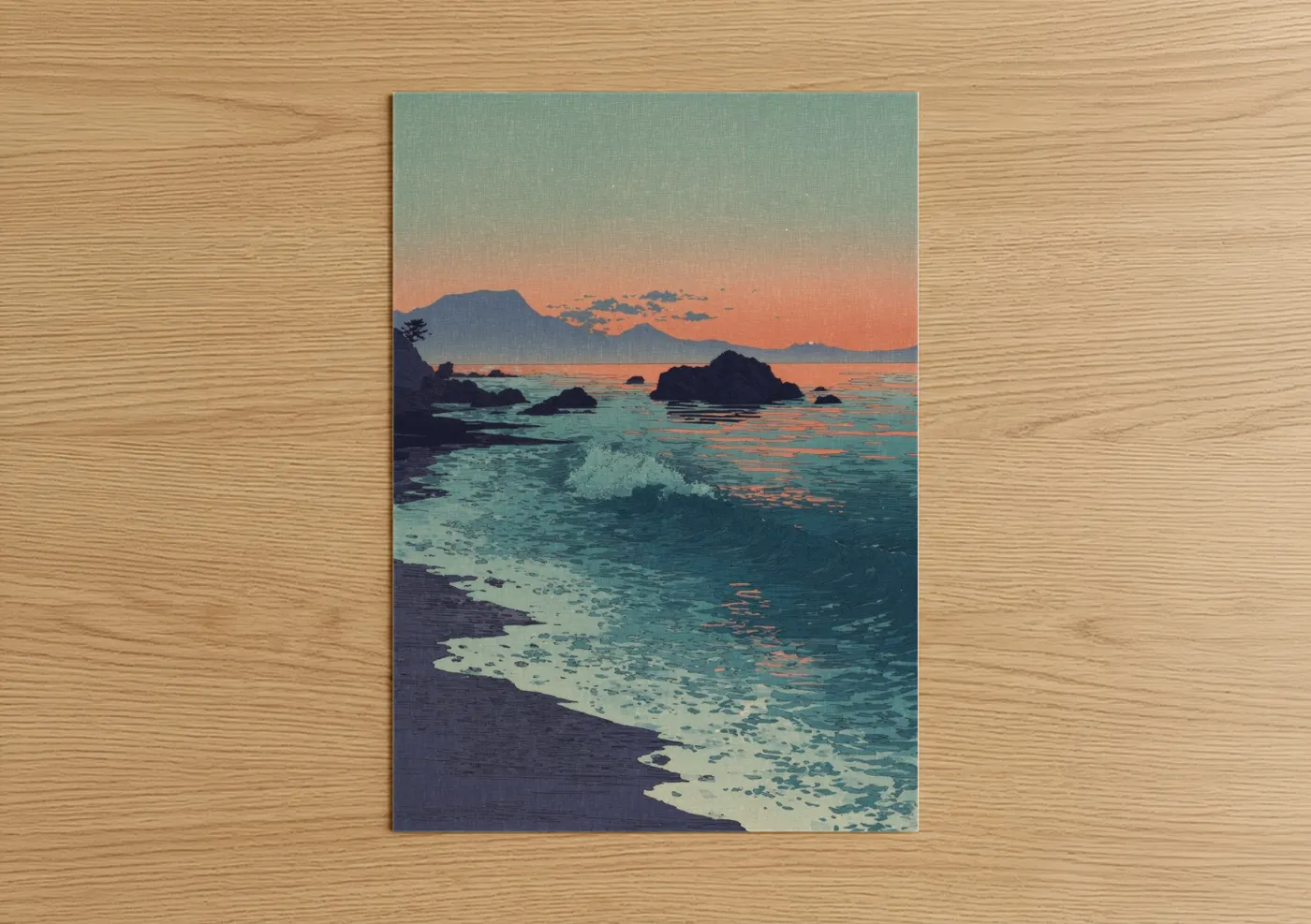 Coral Sunset Beach with Mountain View Wall Art