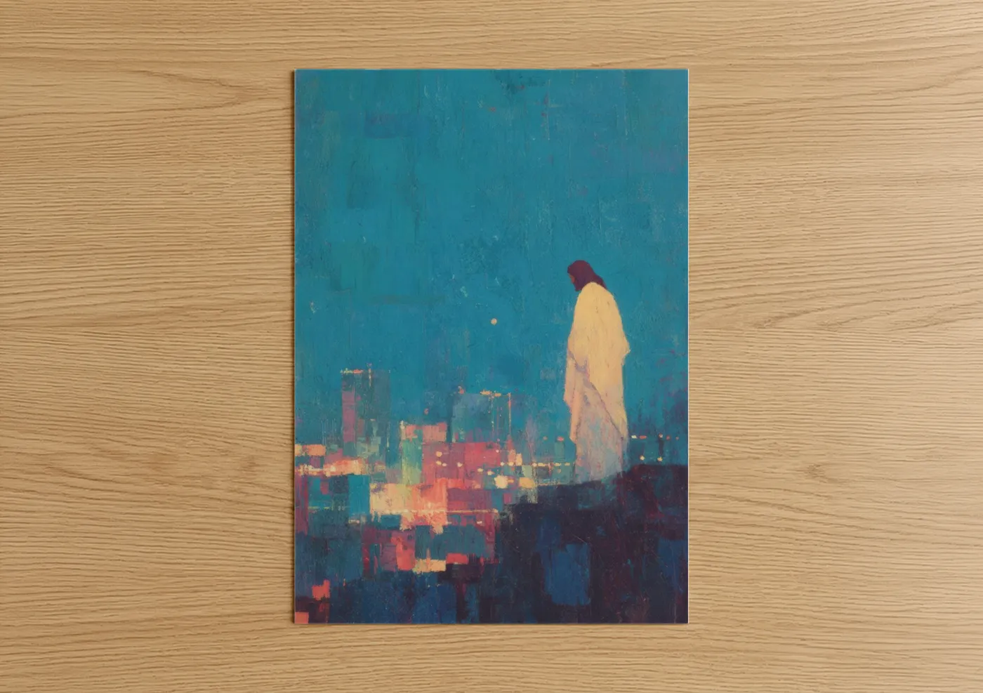 Jesus Christ Guardian City Night Painting Wall Art