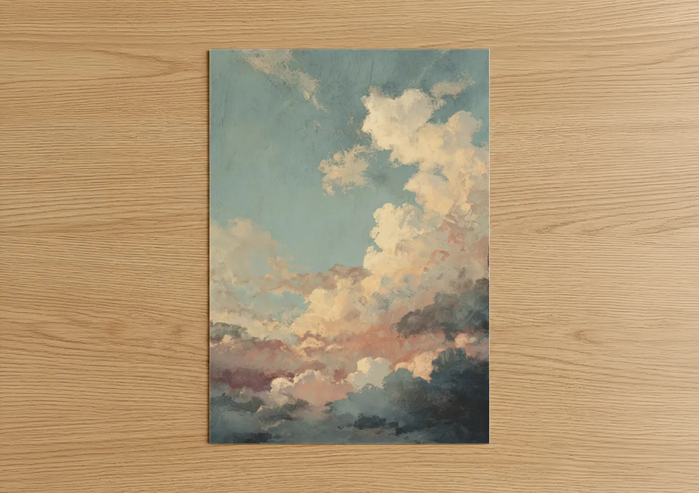 Art print on warm oak wood — blue and cream palette — Serene Morning Sky poster