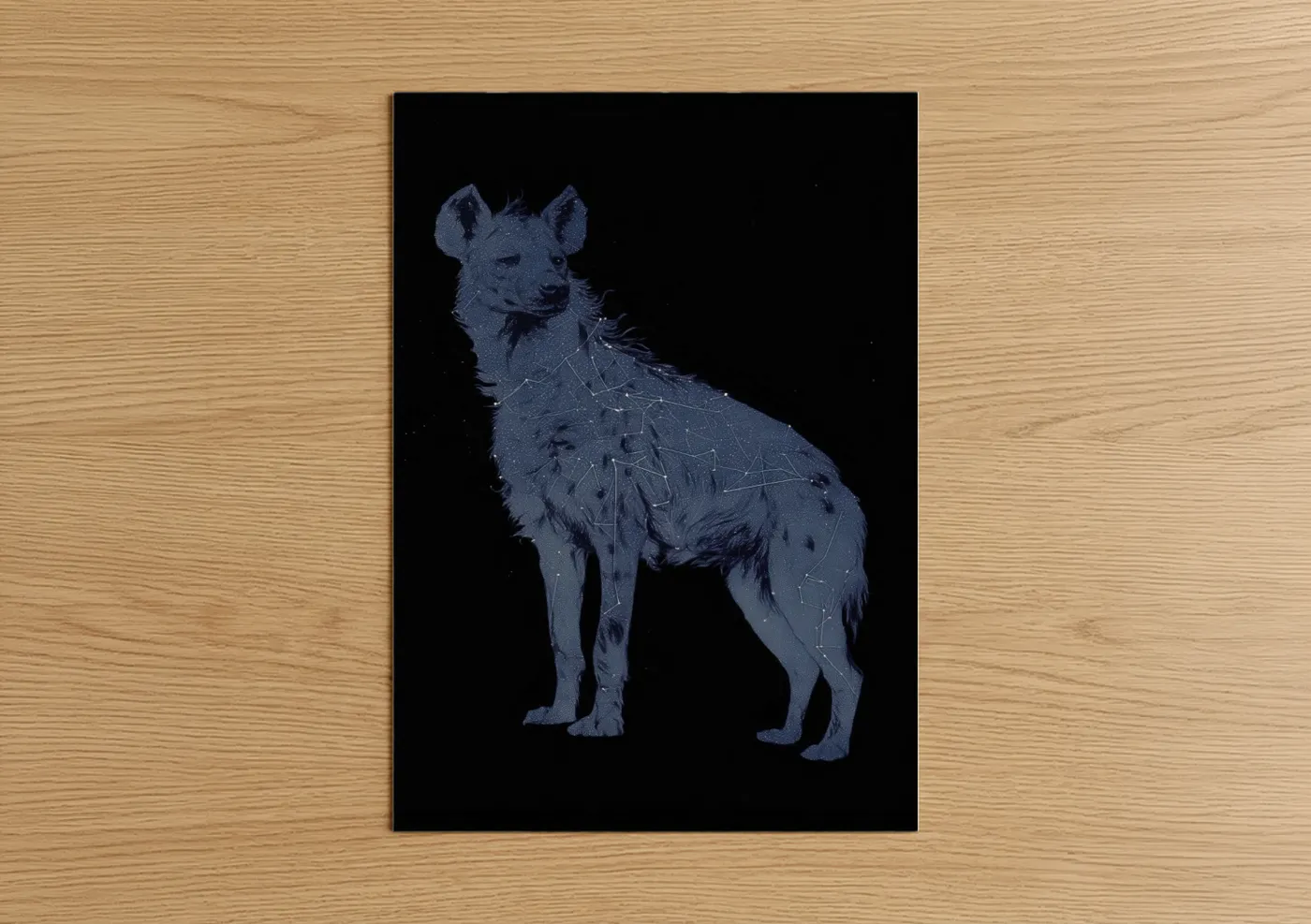 Art print on warm oak wood — blue and black and white palette — Celestial Hyena poster