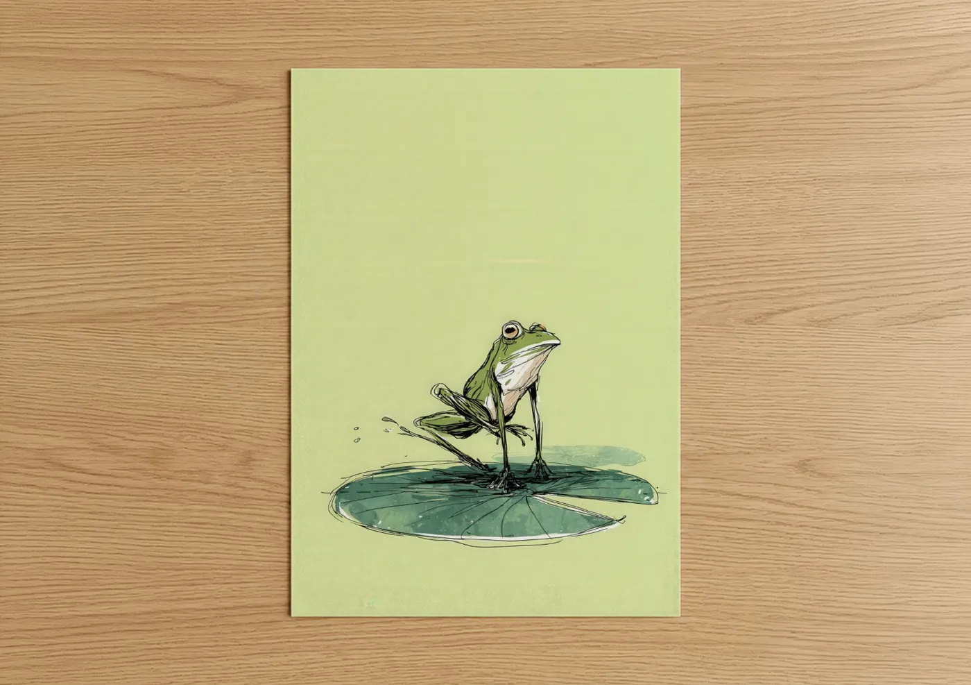 Frogs and toads art print on warm oak wood — light green and yellow palette — Lily Pad Frog poster