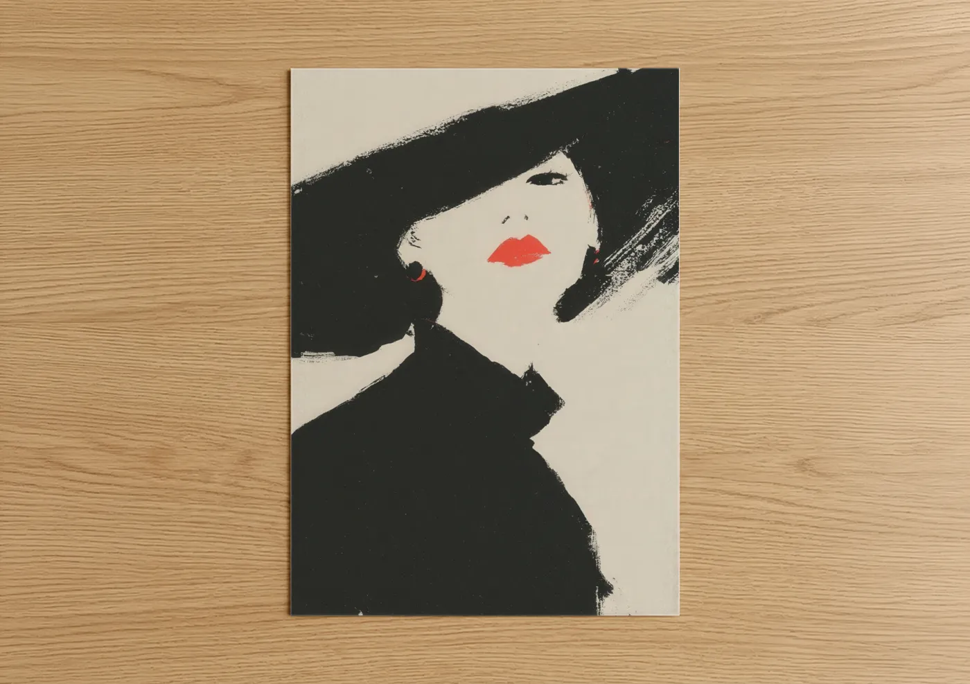 Make up art print on warm oak wood — black and white and red palette — Bold Red Lips poster