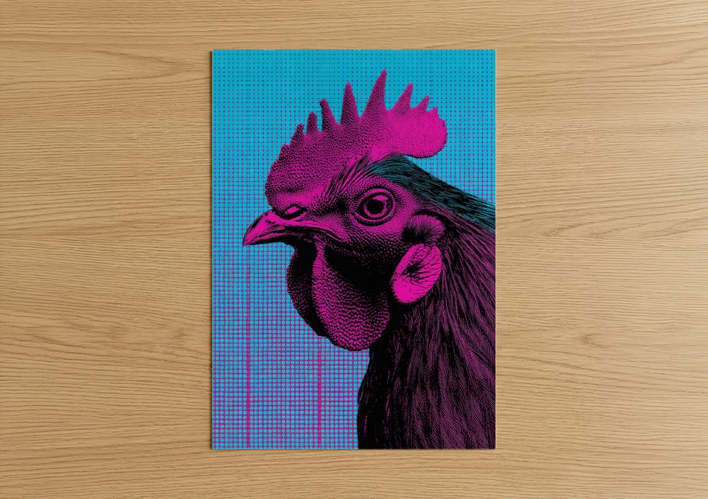 Chicken and roosters art print on warm oak wood — magenta and blue palette — Neon Rooster poster