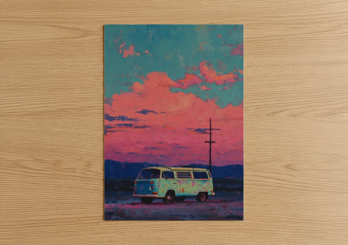 Art print on warm oak wood — teal and salmon pink palette — Desert Dreamer Van poster