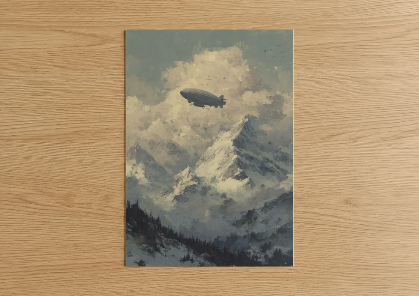 Art print on warm oak wood — gray and white palette — Alpine Airship poster