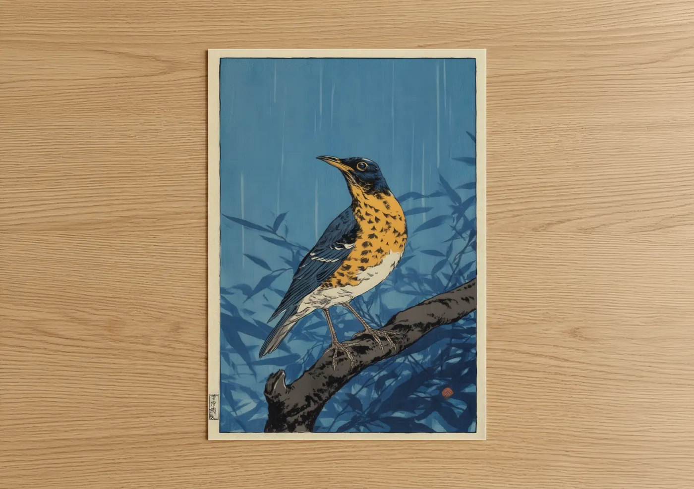 Art print on warm oak wood — blue and yellow gold palette — Golden Thrush poster