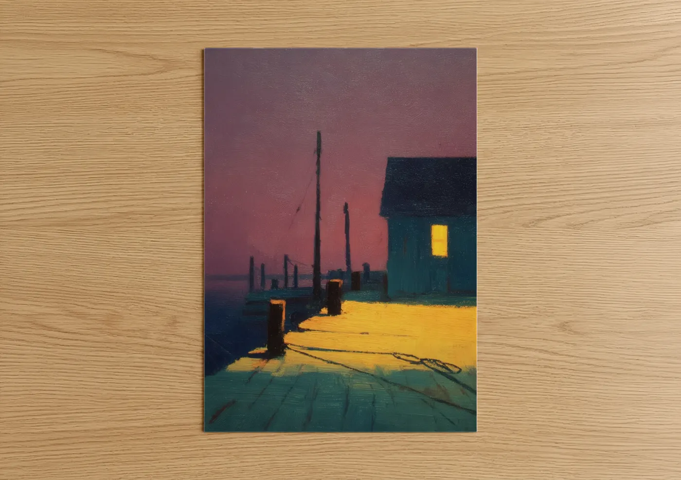 Docks and piers art print on warm oak wood — magenta and gold palette — Twilight Docks poster