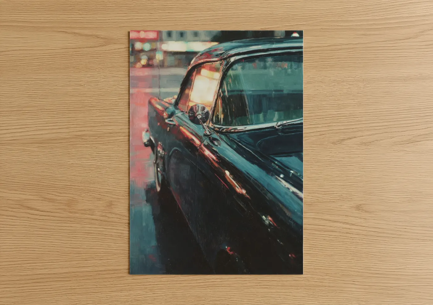 Classic car art print on warm oak wood — teal and pink palette — Neon Classic poster