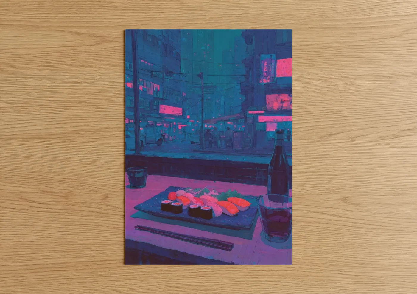 Fast food art print on warm oak wood — blue and magenta palette — Neon Sushi Night poster