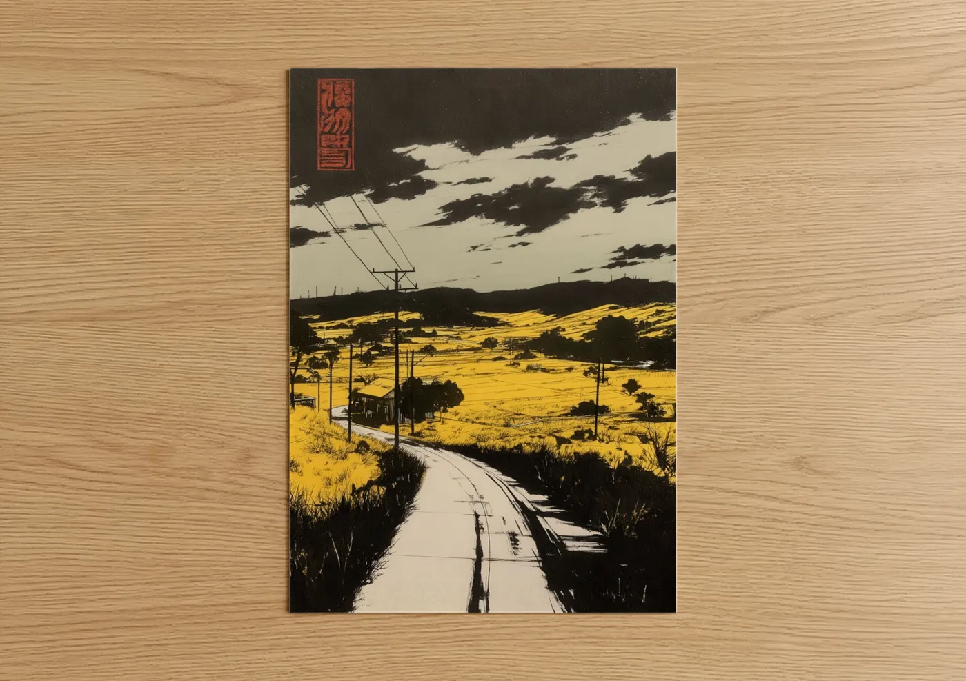 Various landscapes art print on warm oak wood — gold and black and white palette — Golden Fields Vista poster