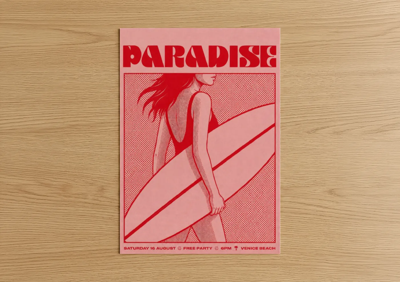 Surfing art print on warm oak wood — pink and red palette — Vintage Surf Paradise Beach Wall Art poster