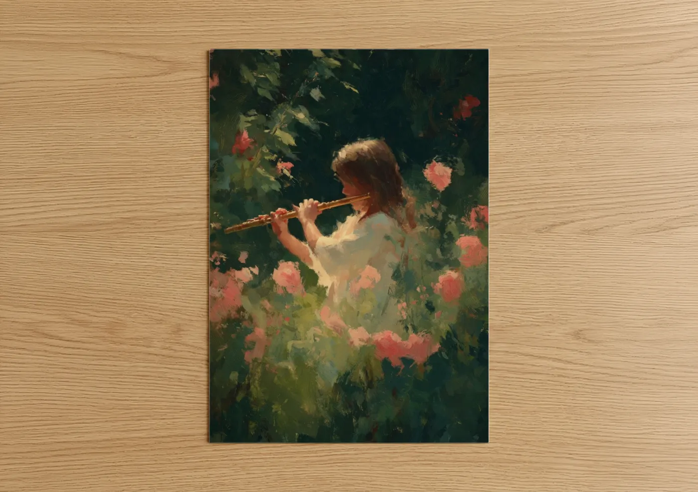 Art for girl art print on warm oak wood — green and salmon pink palette — Flute Player Garden poster