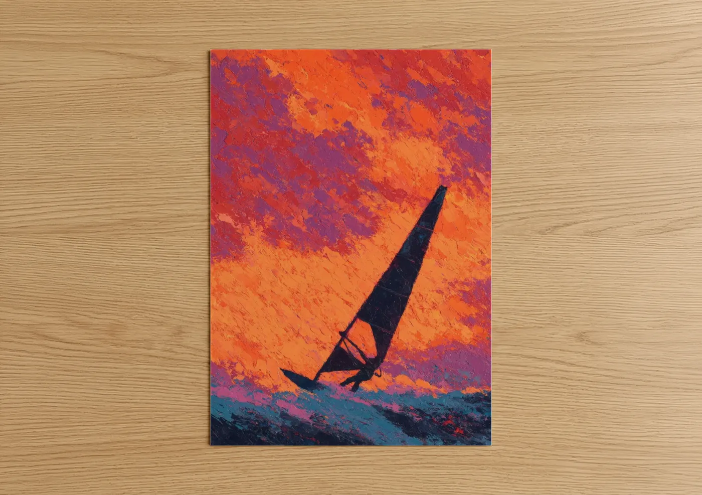 Windsurfing art print on warm oak wood — orange and purple palette — Sunset Windsurfer poster