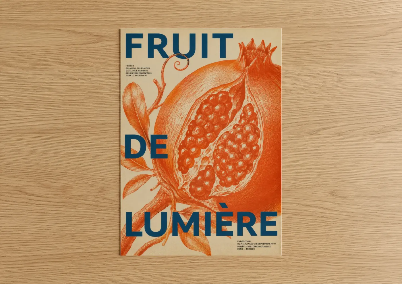 Fruit art print on warm oak wood — orange and beige palette — Vintage Botanical Pomegranate Wall Art poster