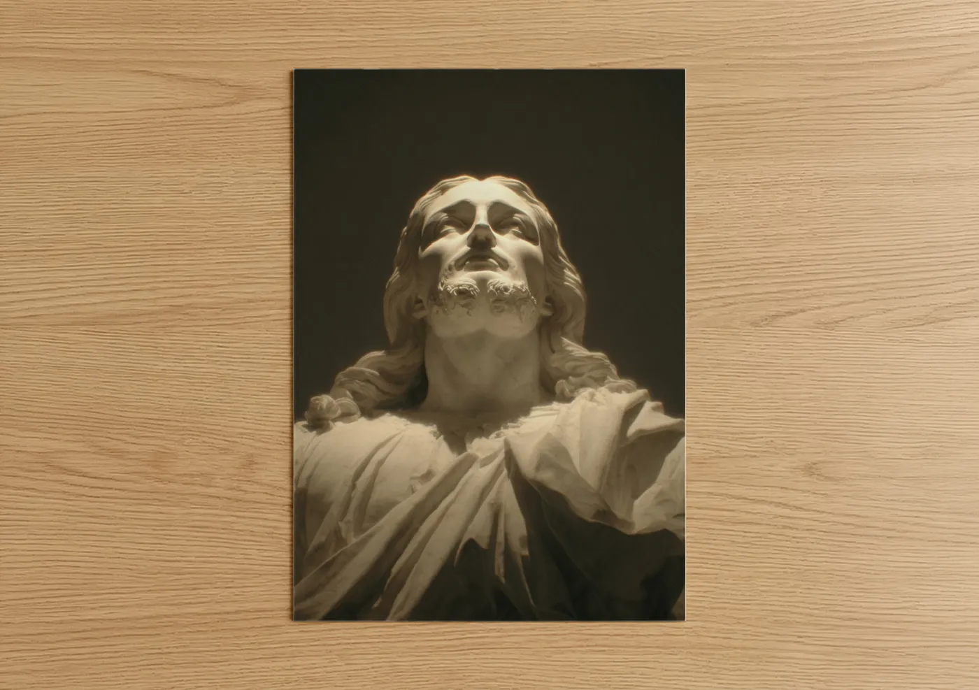 Jesus christ art print on warm oak wood — cream and gold palette — Heavenly Ascension poster
