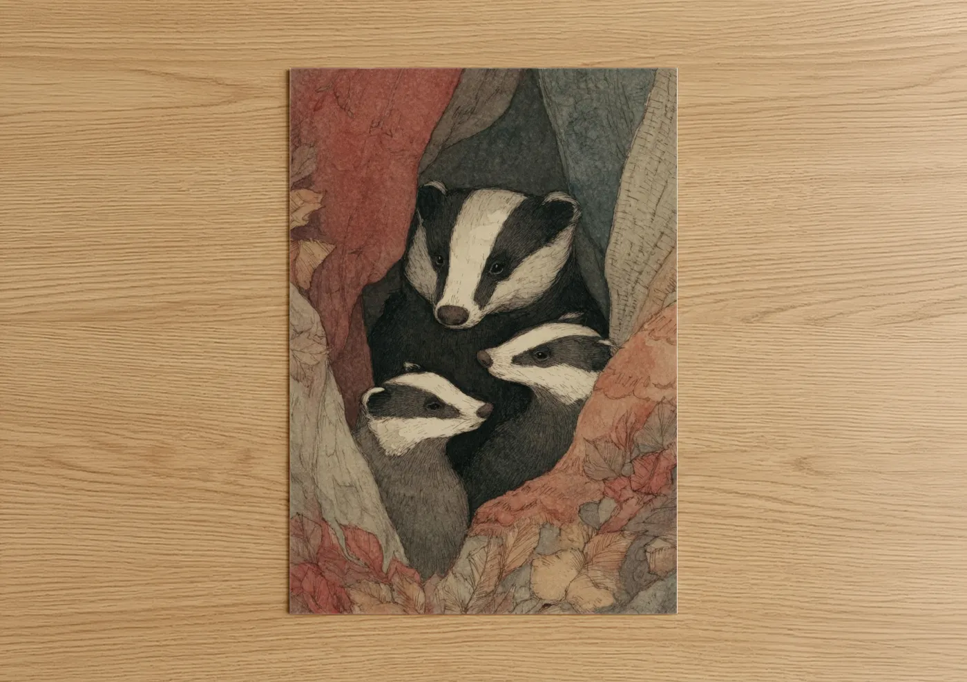 Art print on warm oak wood — russet and sage green palette — Cozy Badger Family poster