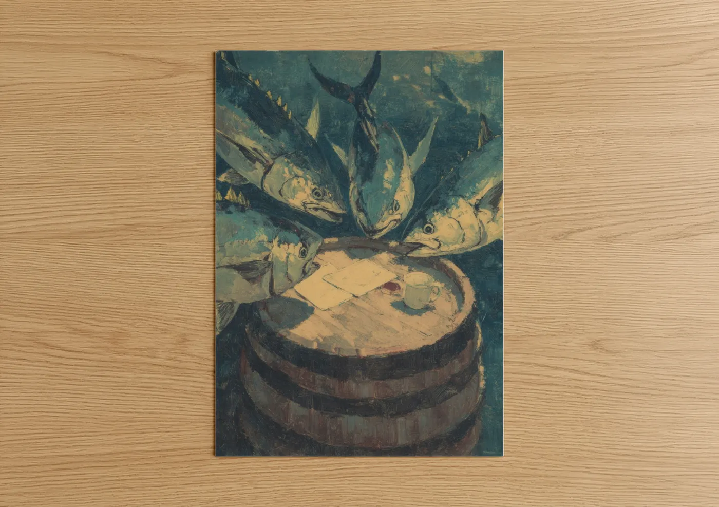 Art print on warm oak wood — teal and gold palette — Barrel Catch Tuna poster