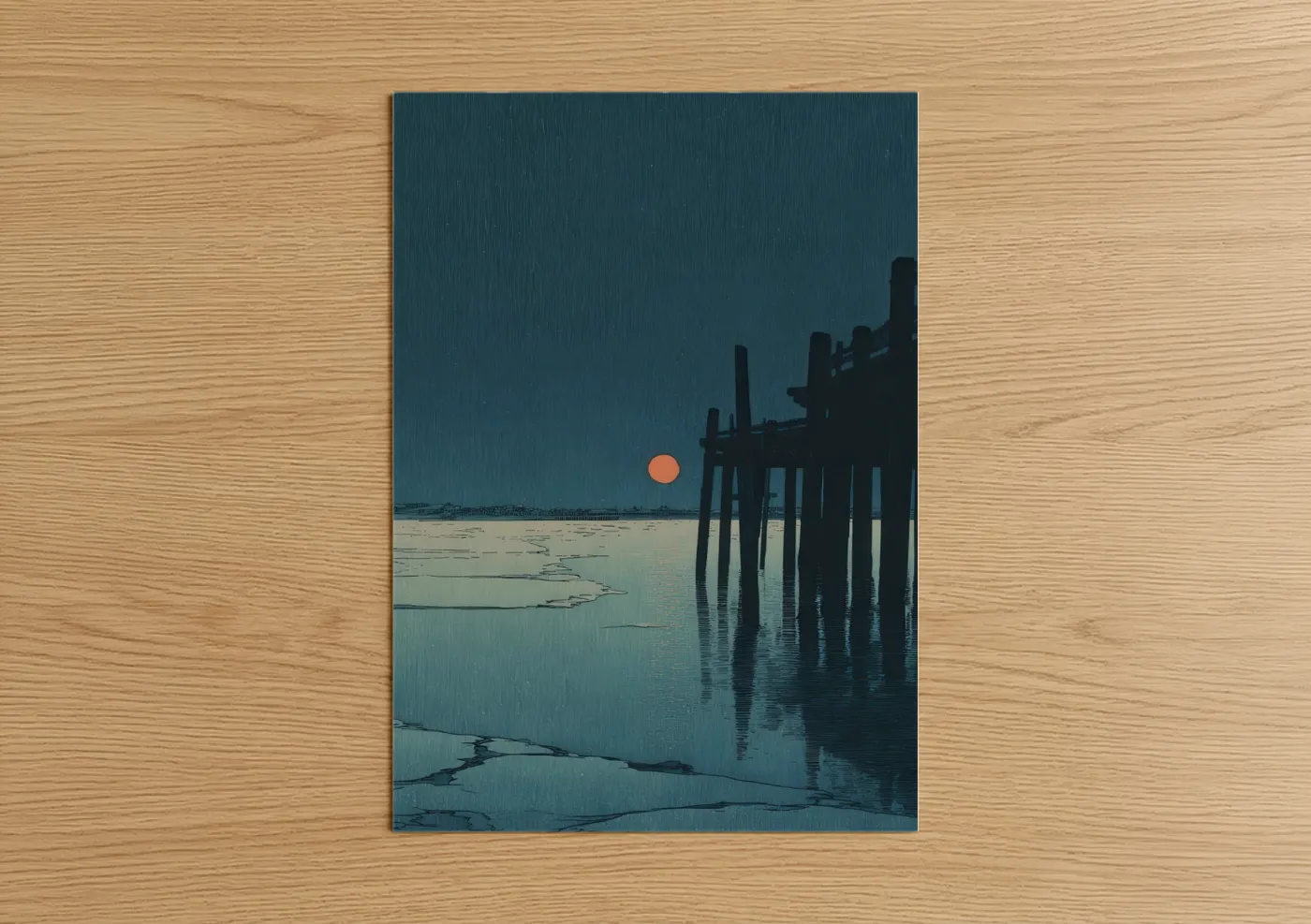 Docks and piers art print on warm oak wood — dark blue and peach palette — Rainy Pier Sunset poster
