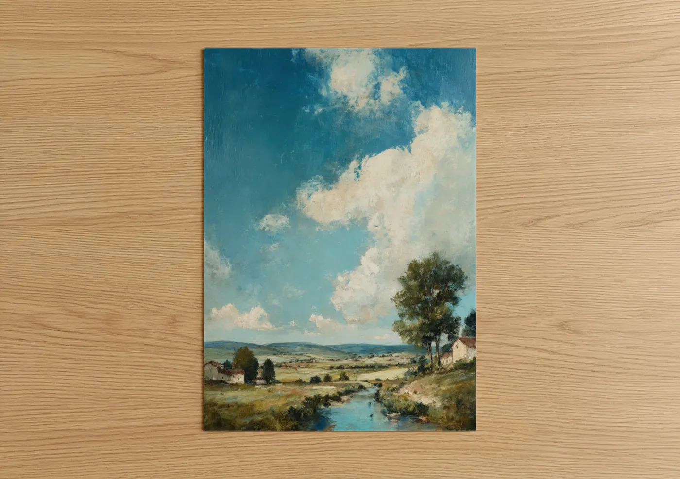 Various landscapes art print on warm oak wood — blue and white and green palette — Countryside Stream Valley poster