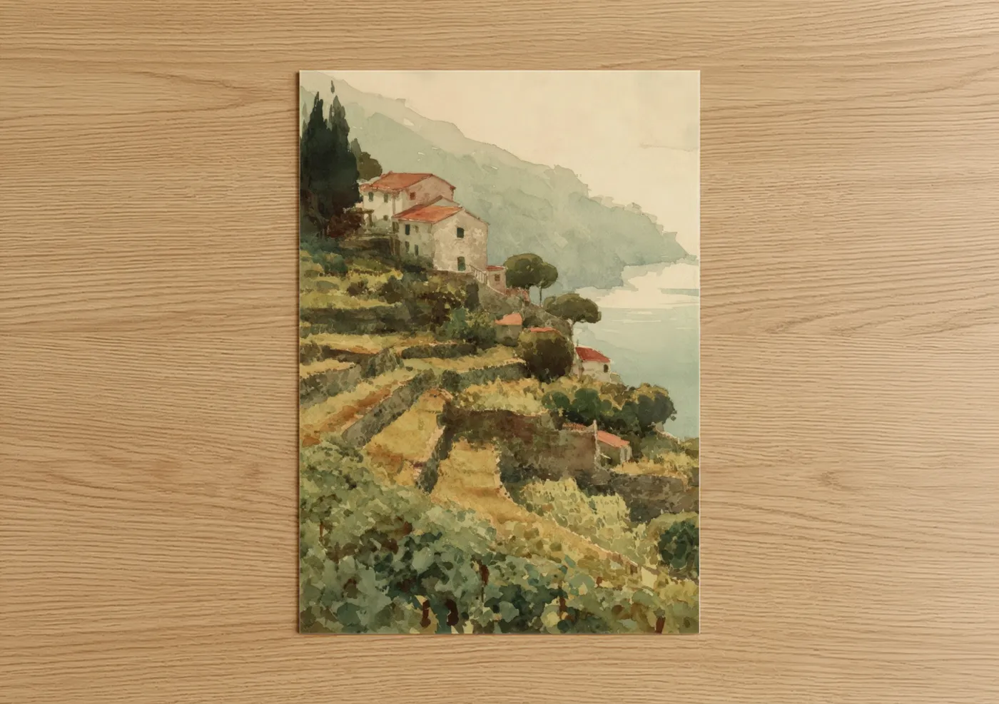 Vineyards art print on warm oak wood — cream and olive palette — Tuscan Vineyard poster
