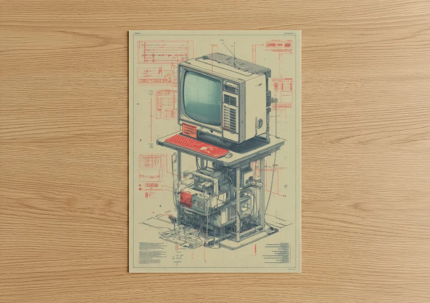 Blueprints art print on warm oak wood — cream palette — Vintage Computer Blueprint poster