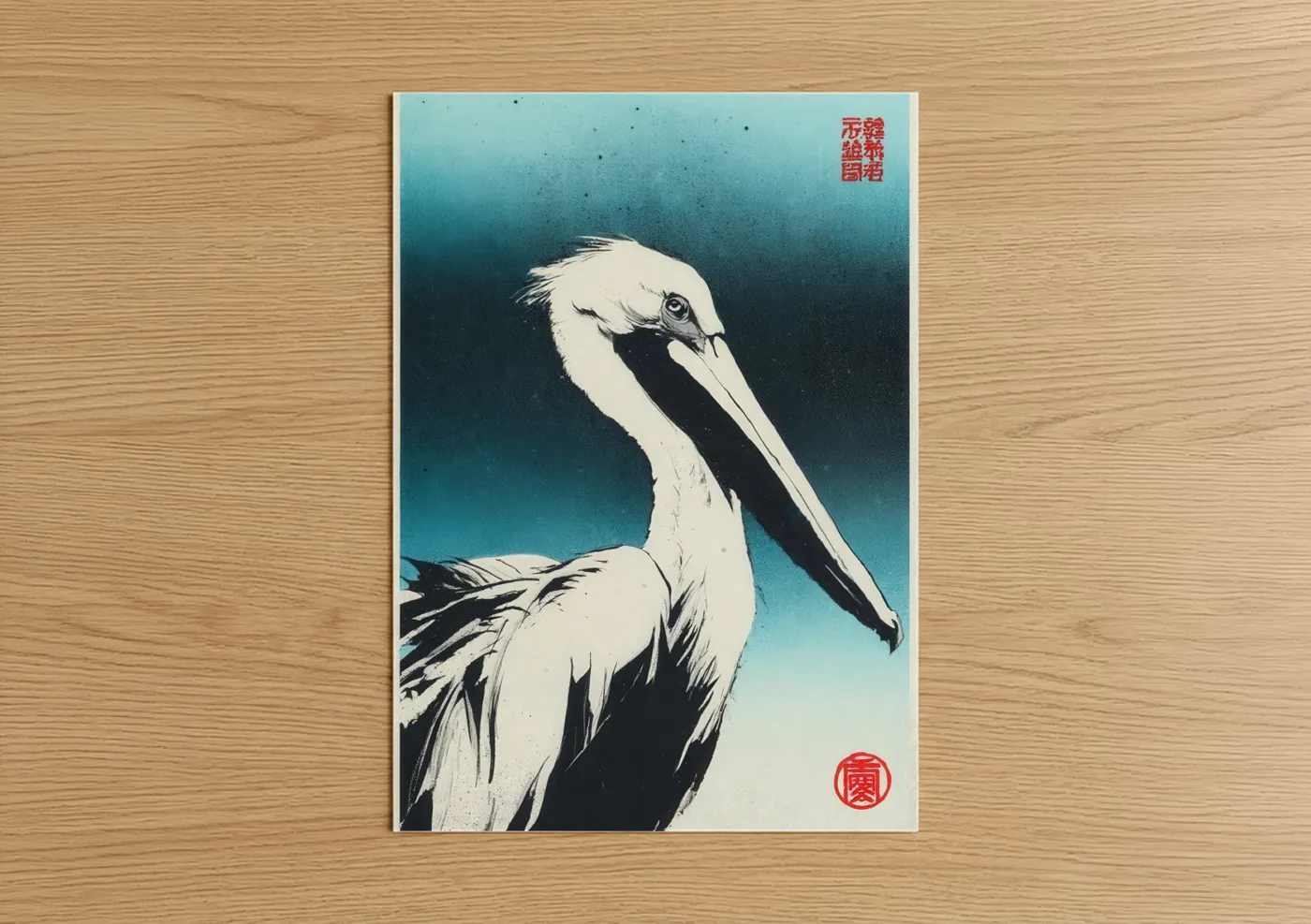 Art print on warm oak wood — blue and white and black and white palette — Elegant Pelican Portrait poster