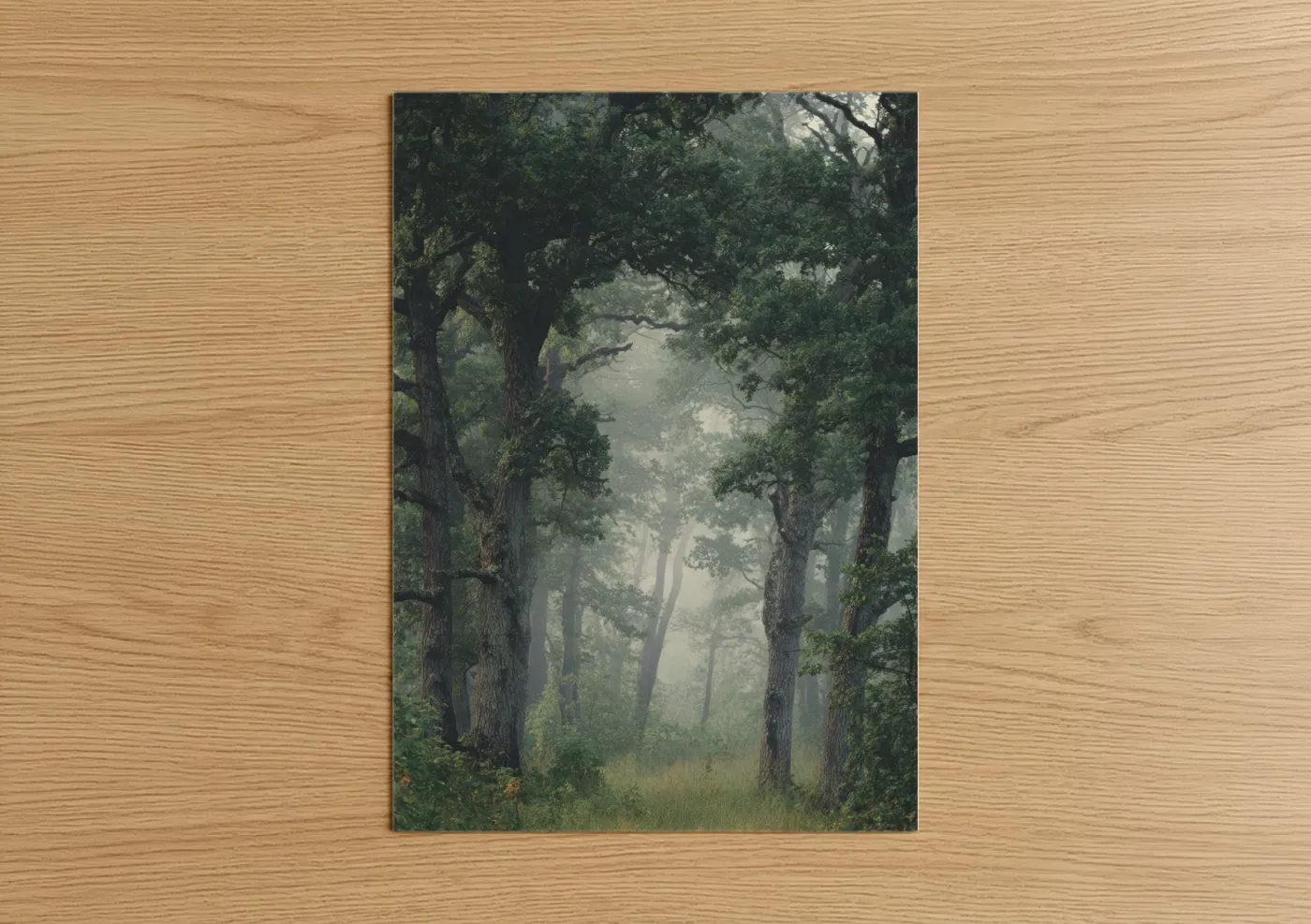 Art print on warm oak wood — green and gray palette — Misty Oak Forest poster