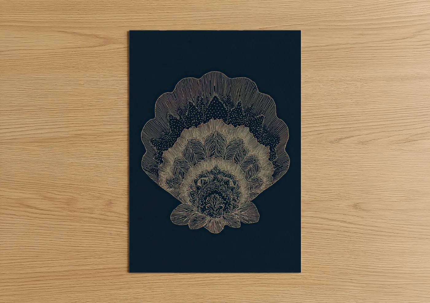 Ornate Seashell Line Art Navy Gold Wall Art