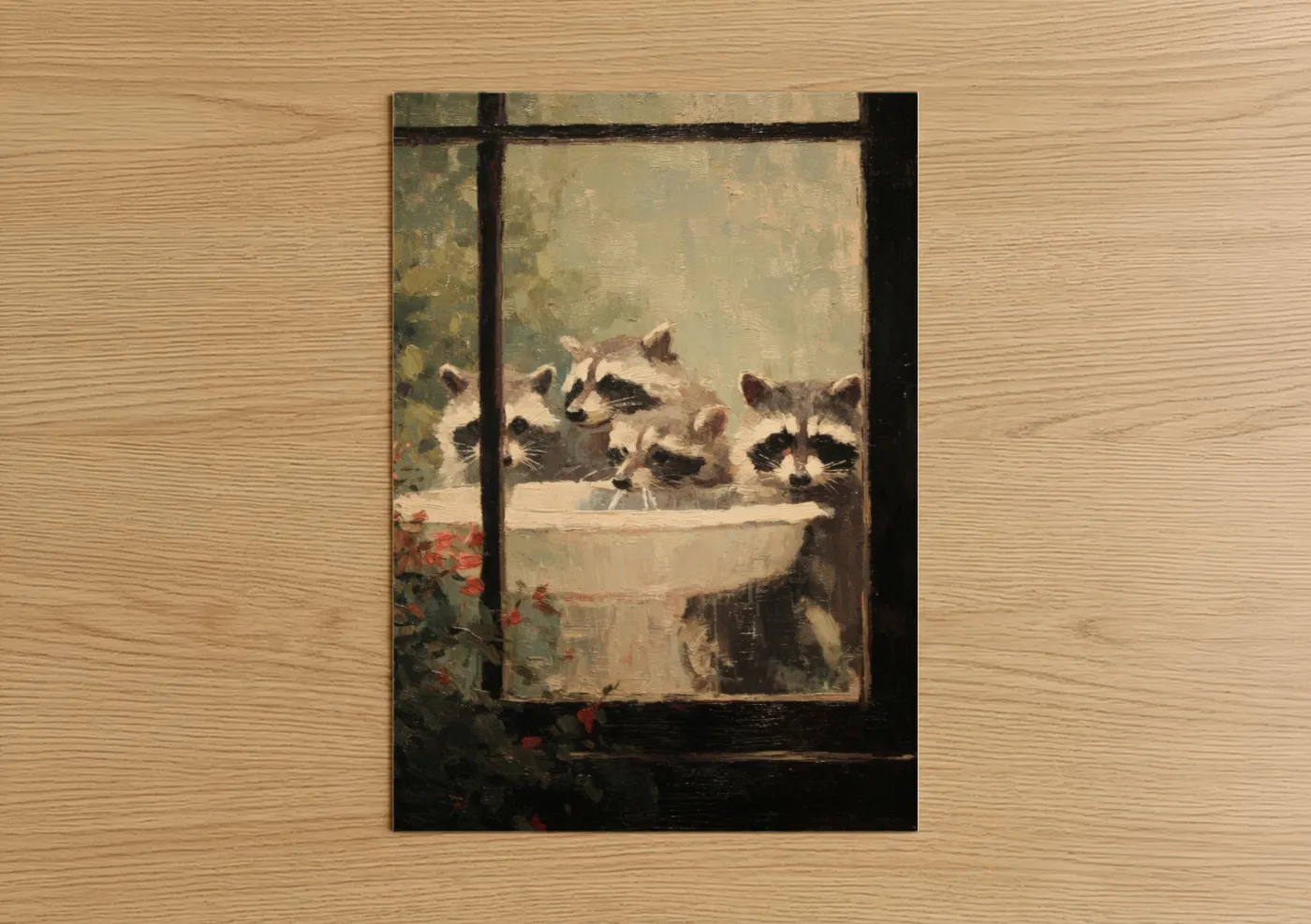 Curious Raccoons Peering Through Window Wall Art