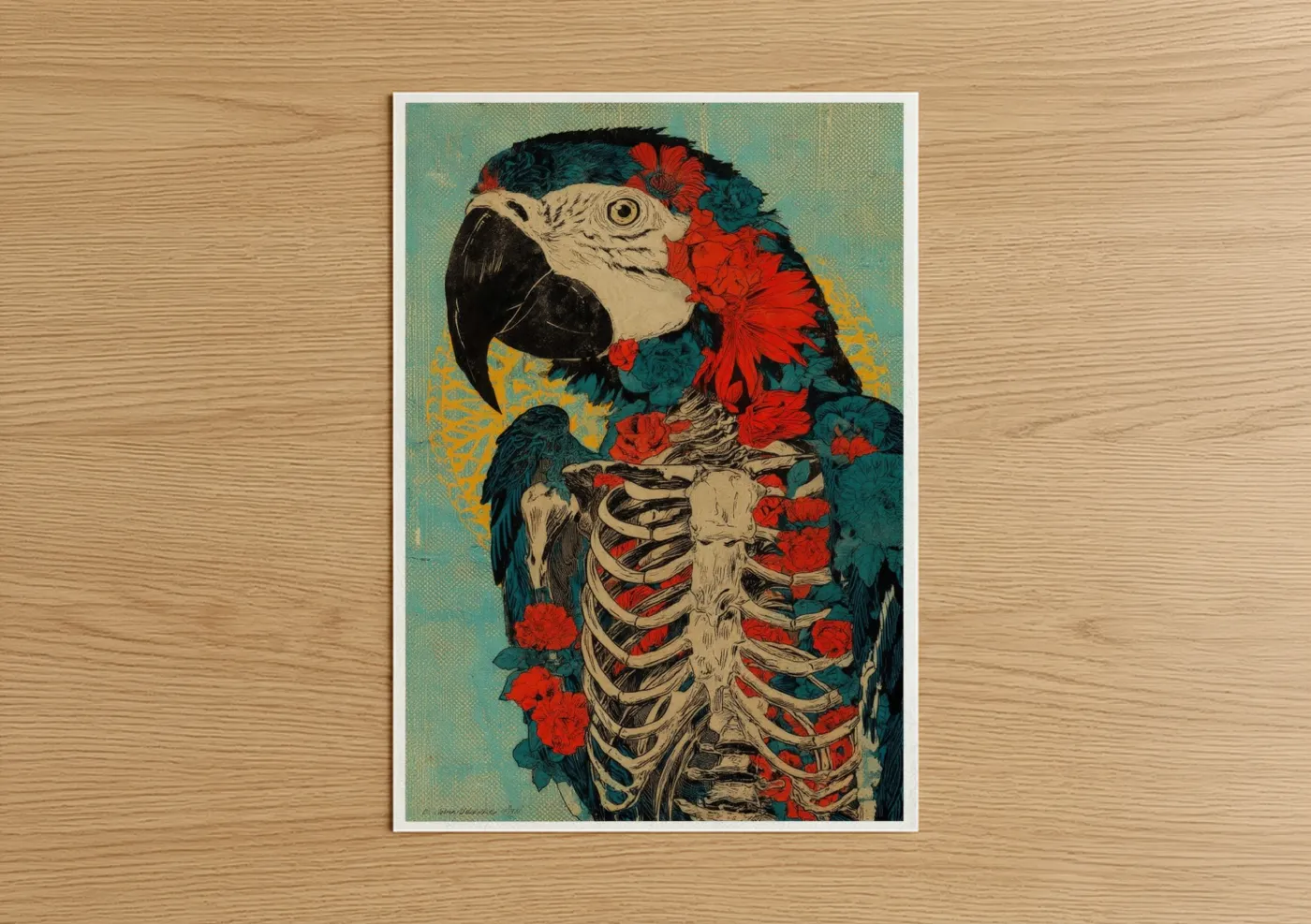 Art print on warm oak wood — teal and red palette — Skeleton Macaw poster