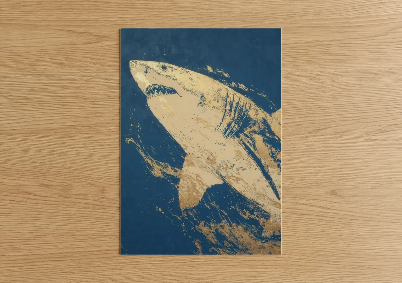 Great white shark art print on warm oak wood — blue and gold palette — Golden Shark poster