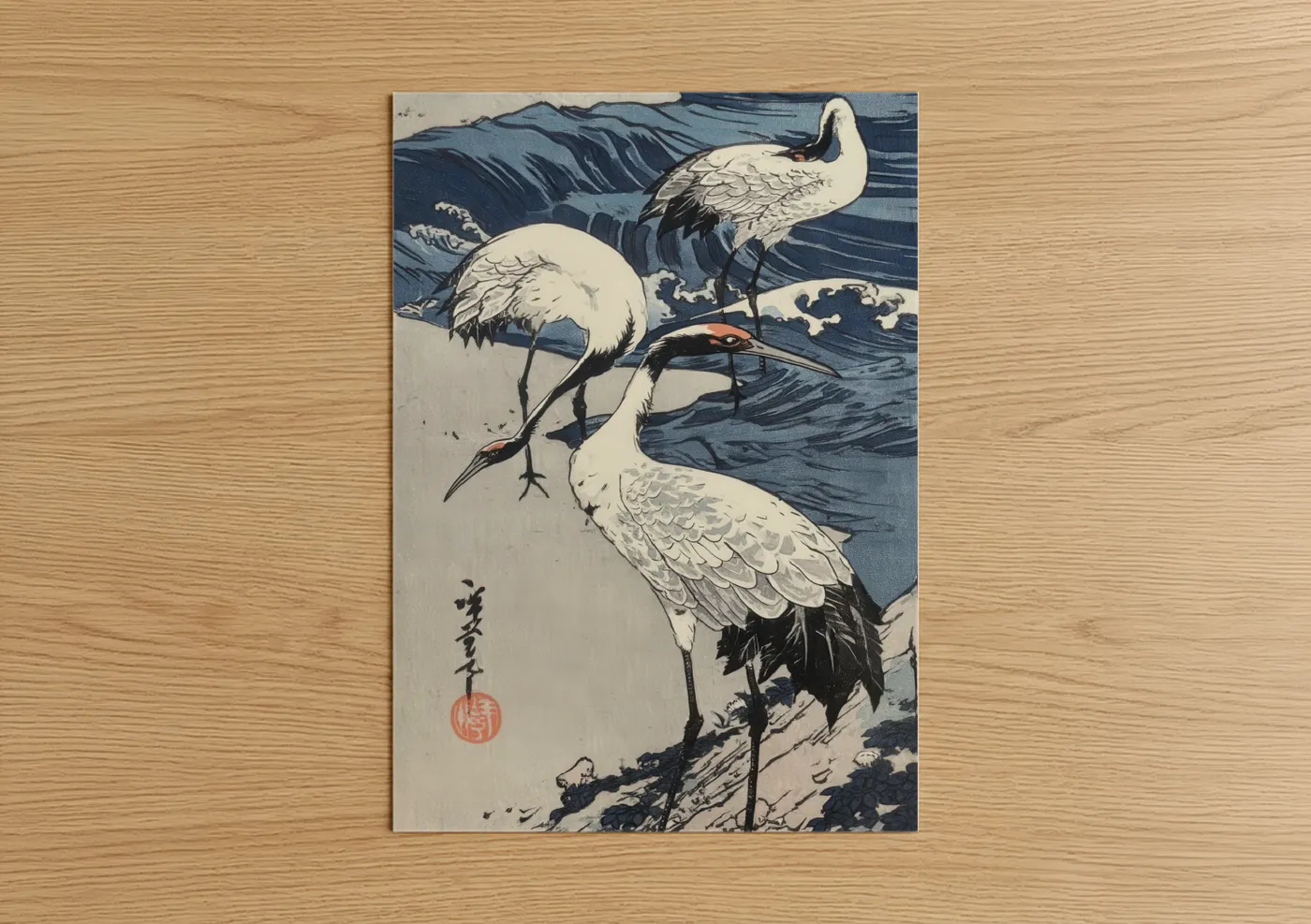 Art print on warm oak wood — dark blue and white palette — Coastal Cranes poster