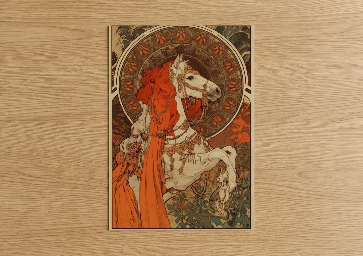 Miniature horse art print on warm oak wood — red and brown palette — Crimson Regal Horse poster