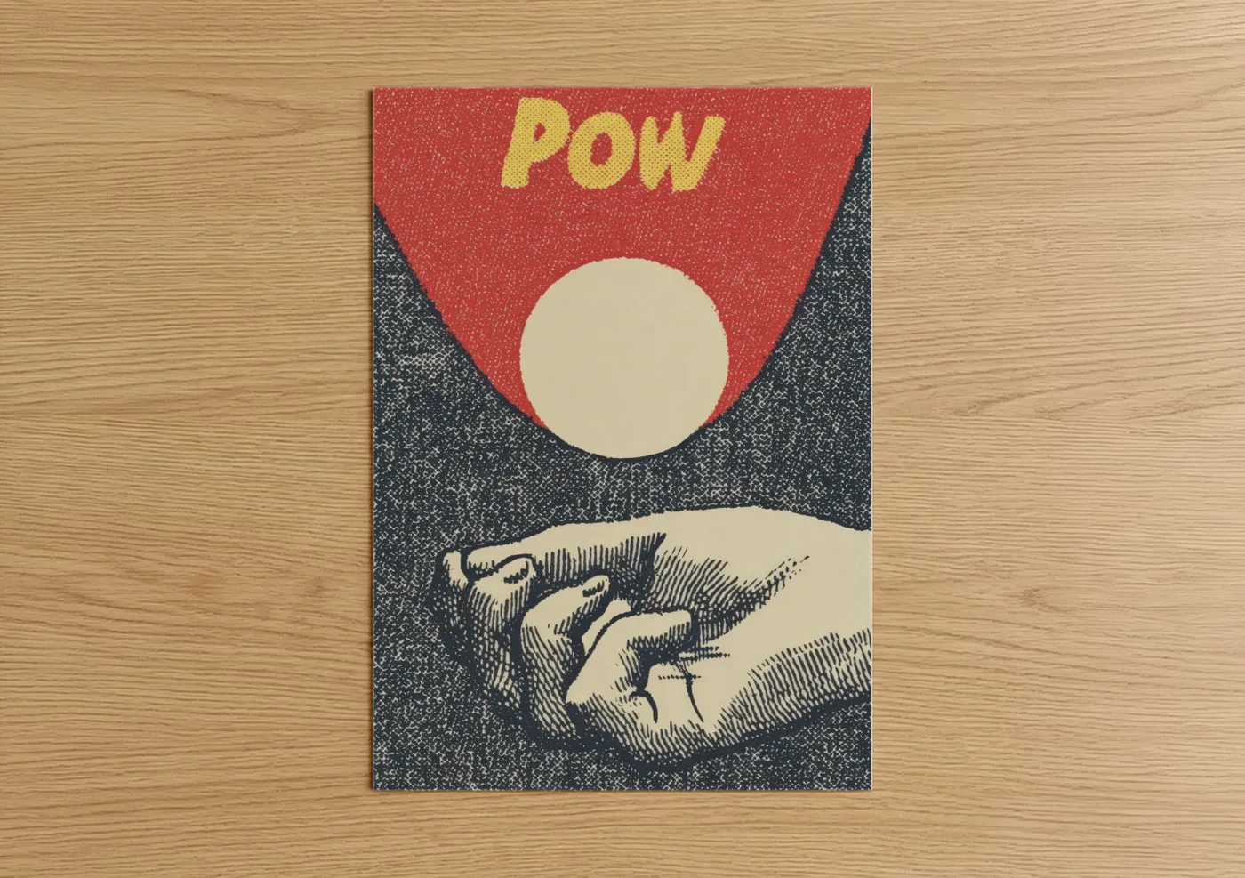 Table tennis art print on warm oak wood — red and black and white palette — POW Hands Game poster