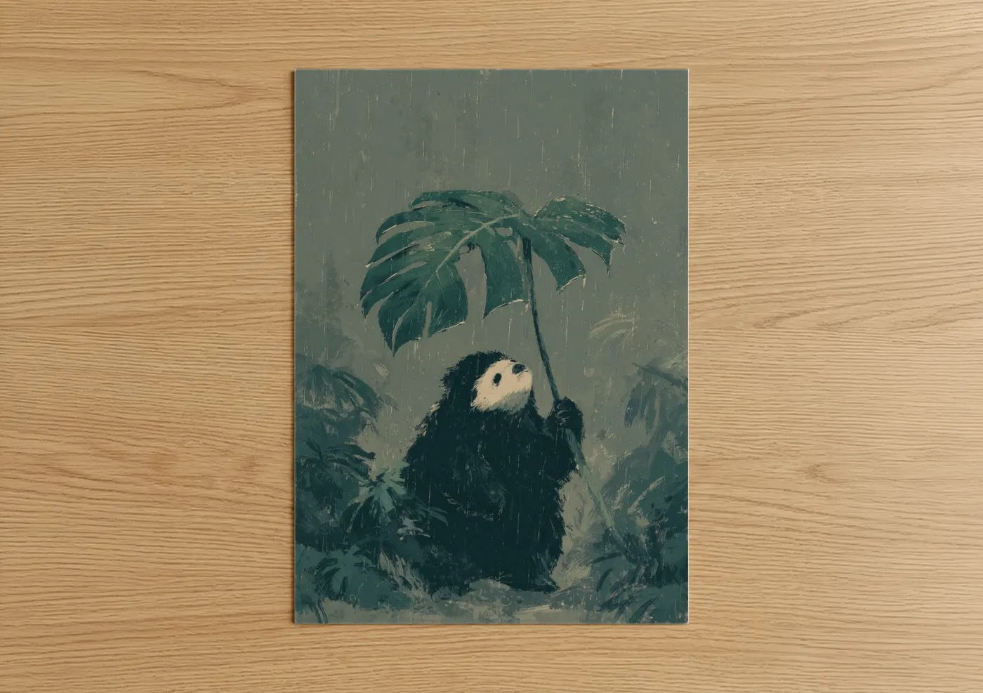 Art print on warm oak wood — teal and gray palette — Rainy Sloth Bear poster