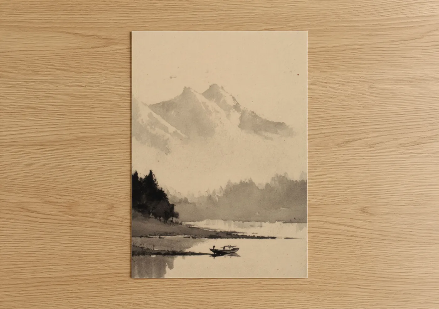Rivers art print on warm oak wood — cream and dove gray palette — Misty Mountain River poster