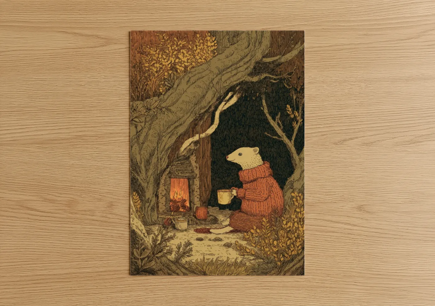 Art print on warm oak wood — russet and gold palette — Cozy Weasel poster