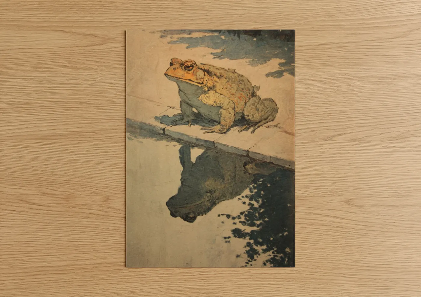 Frogs and toads art print on warm oak wood — beige and sage green palette — Toad on Branch poster